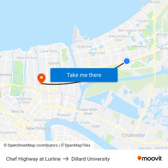 Chef Highway at Lurline to Dillard University map