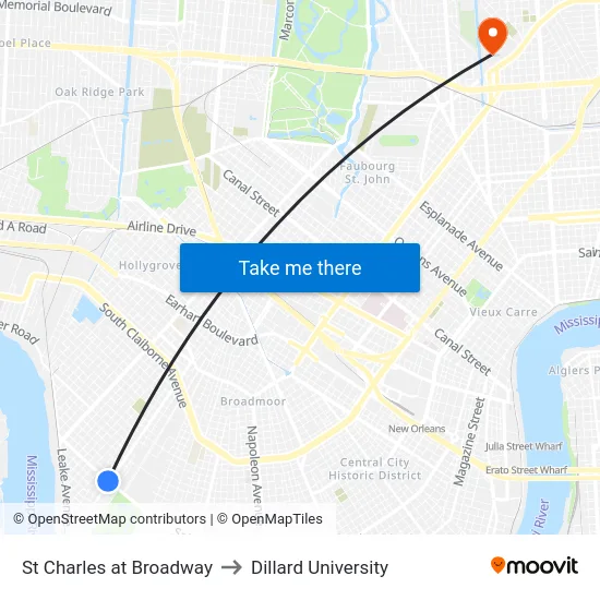 St Charles at Broadway to Dillard University map
