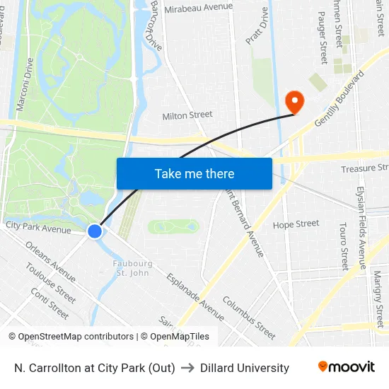 N. Carrollton at City Park (Out) to Dillard University map