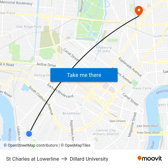 St Charles at Lowerline to Dillard University map