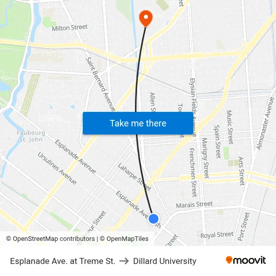 Esplanade Ave. at Treme St. to Dillard University map