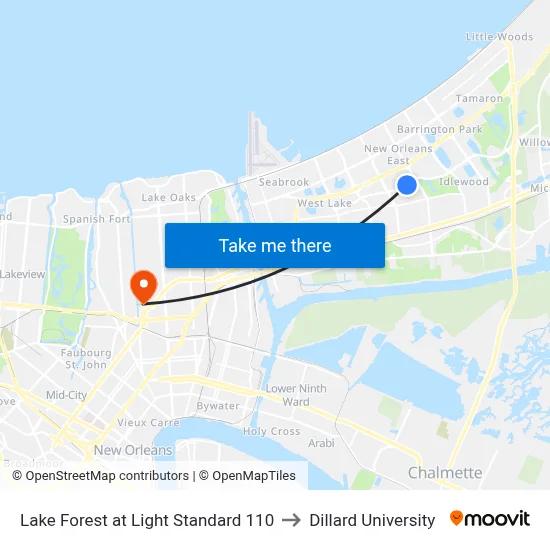 Lake Forest at Light Standard 110 to Dillard University map