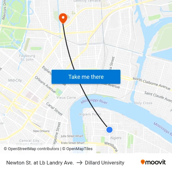 Newton St. at Lb Landry Ave. to Dillard University map