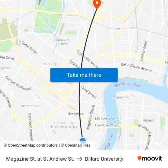 Magazine St. at St Andrew St. to Dillard University map