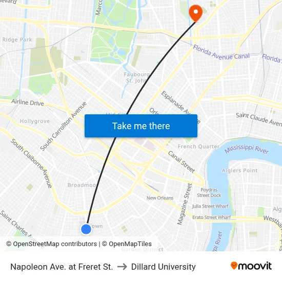 Napoleon Ave. at Freret St. to Dillard University map