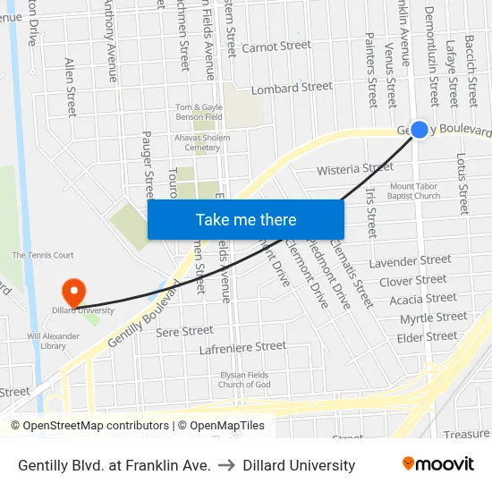 Gentilly Blvd. at Franklin Ave. to Dillard University map