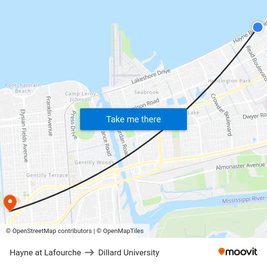 Hayne at Lafourche to Dillard University map