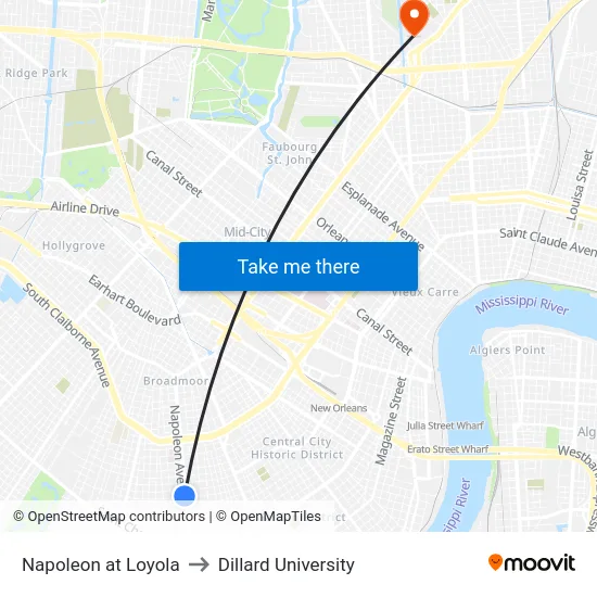 Napoleon at Loyola to Dillard University map
