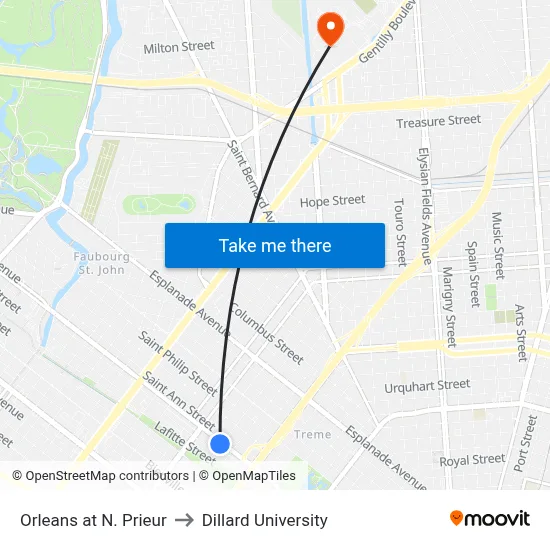 Orleans at N. Prieur to Dillard University map