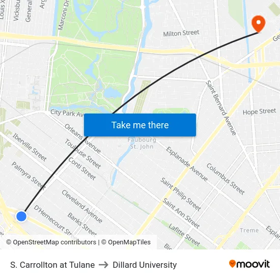 S. Carrollton at Tulane to Dillard University map