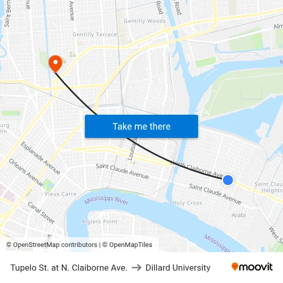 Tupelo St. at N. Claiborne Ave. to Dillard University map