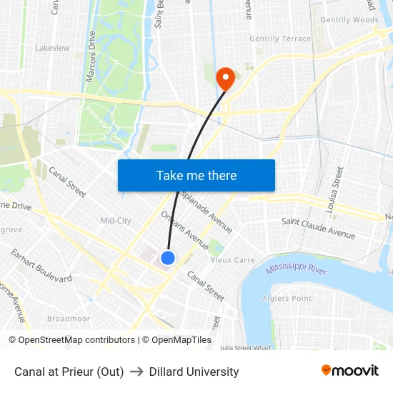 Canal at Prieur (Out) to Dillard University map