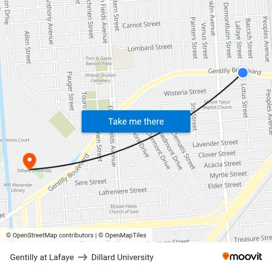 Gentilly at Lafaye to Dillard University map