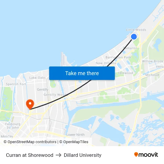 Curran at Shorewood to Dillard University map