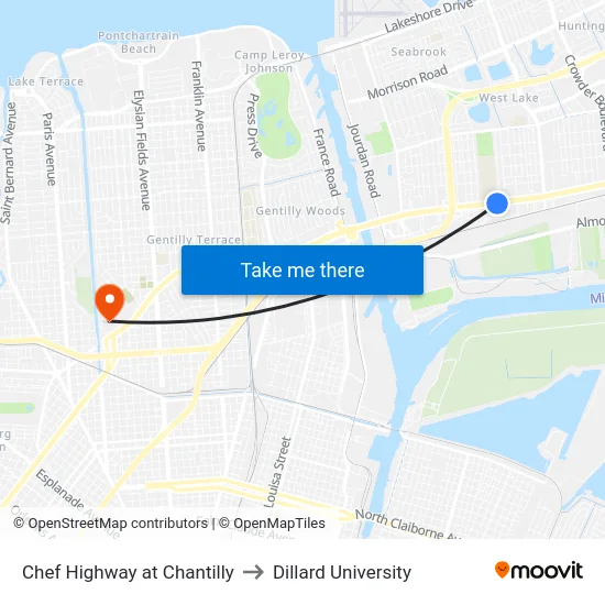 Chef Highway at Chantilly to Dillard University map