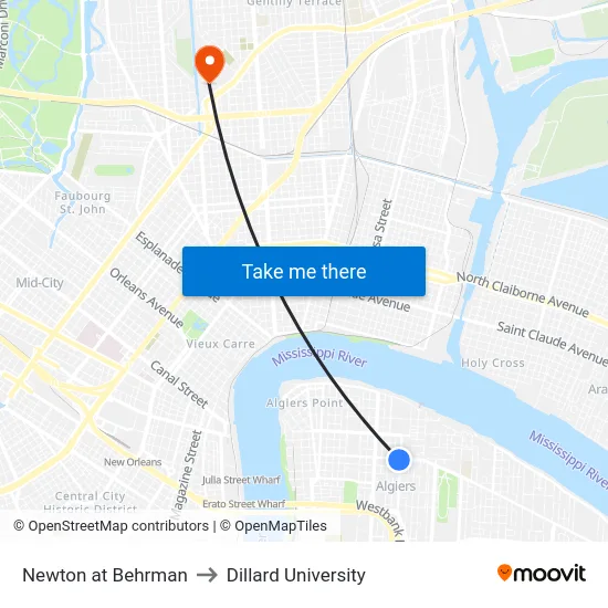 Newton at Behrman to Dillard University map