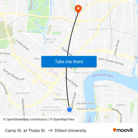 Camp St. at Thalia St. to Dillard University map