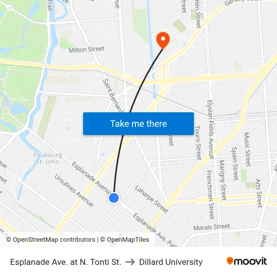 Esplanade Ave. at N. Tonti St. to Dillard University map