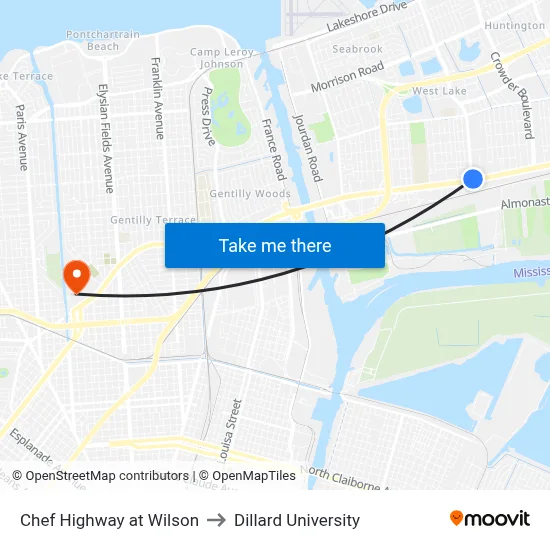 Chef Highway at Wilson to Dillard University map