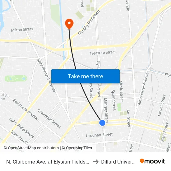 N. Claiborne Ave. at Elysian Fields Ave. to Dillard University map