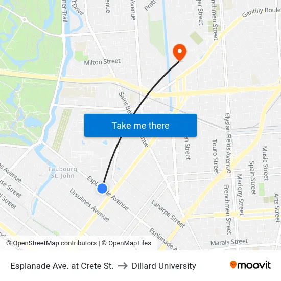 Esplanade Ave. at Crete St. to Dillard University map