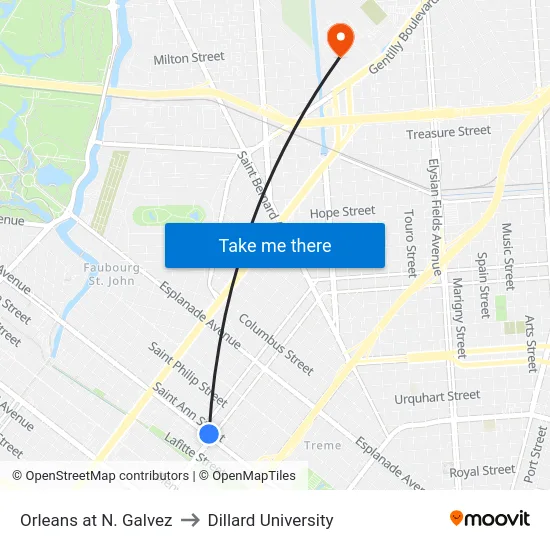 Orleans at N. Galvez to Dillard University map
