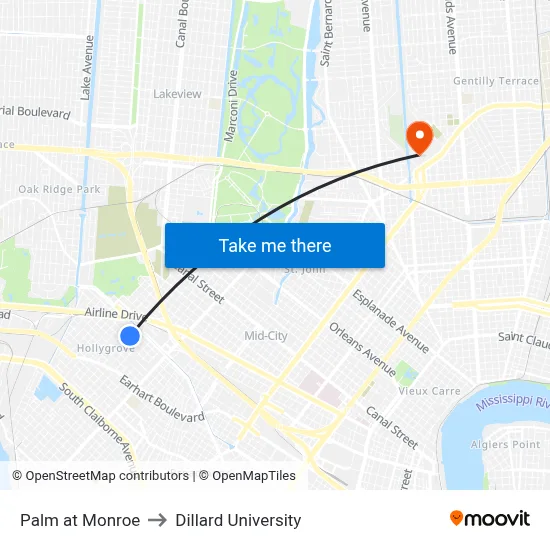 Palm at Monroe to Dillard University map