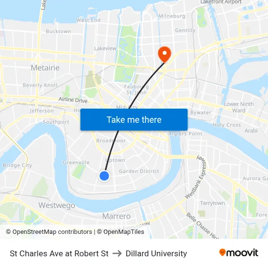 St Charles Ave at Robert St to Dillard University map