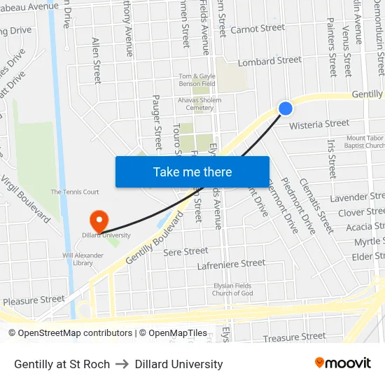 Gentilly at St Roch to Dillard University map
