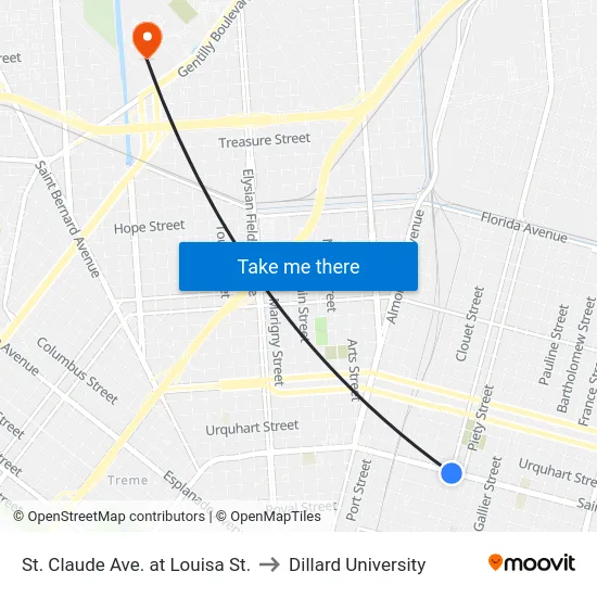 St. Claude Ave. at Louisa St. to Dillard University map