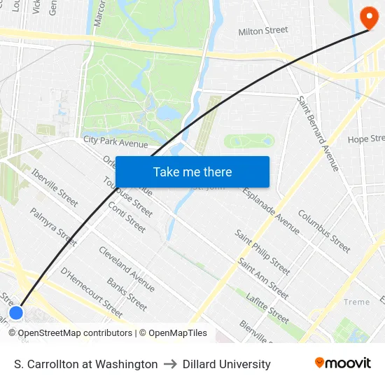 S. Carrollton at Washington to Dillard University map