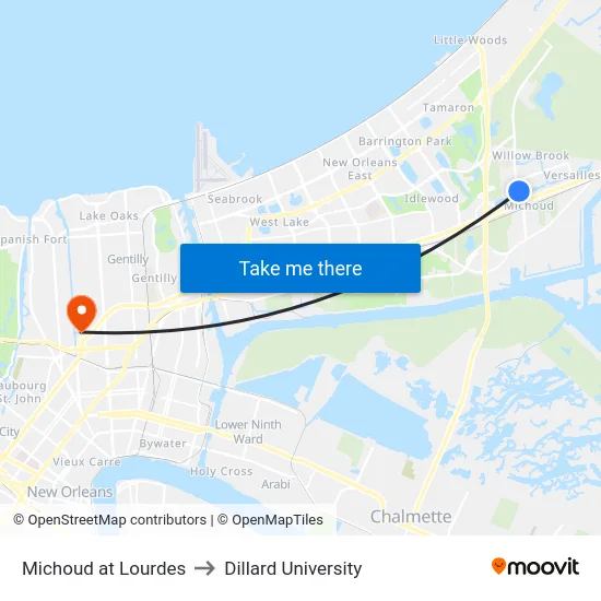 Michoud at Lourdes to Dillard University map
