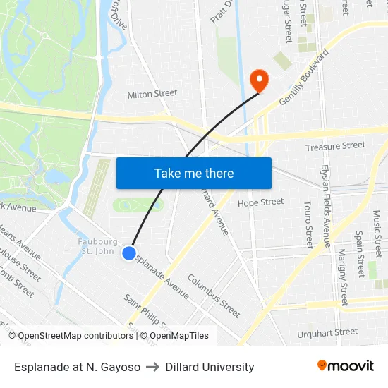 Esplanade at N. Gayoso to Dillard University map