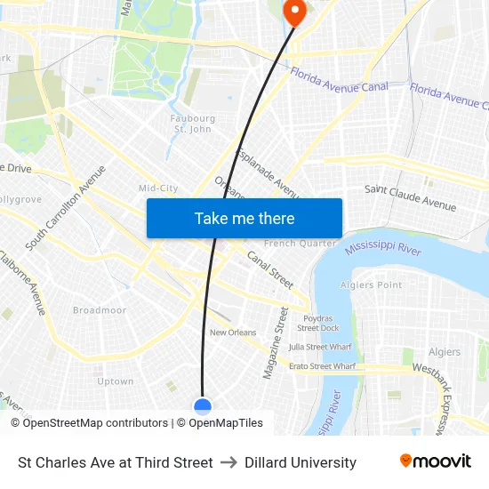 St Charles Ave at Third Street to Dillard University map