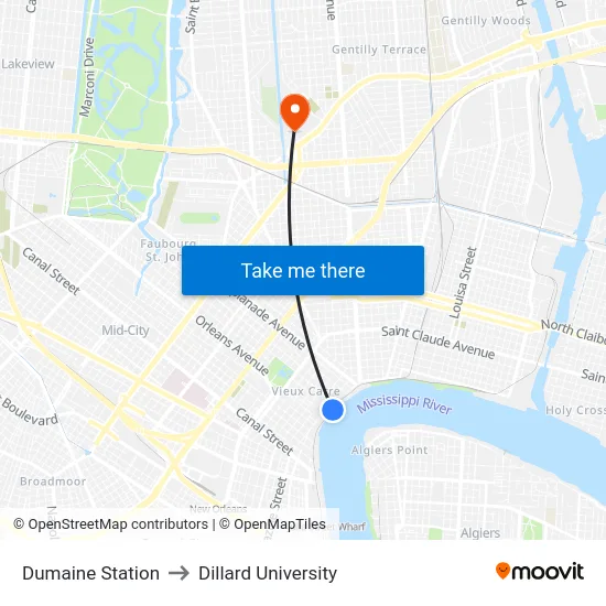 Dumaine Station to Dillard University map