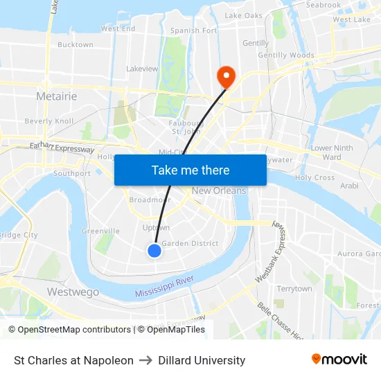St Charles at Napoleon to Dillard University map