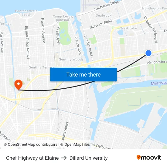Chef Highway at Elaine to Dillard University map
