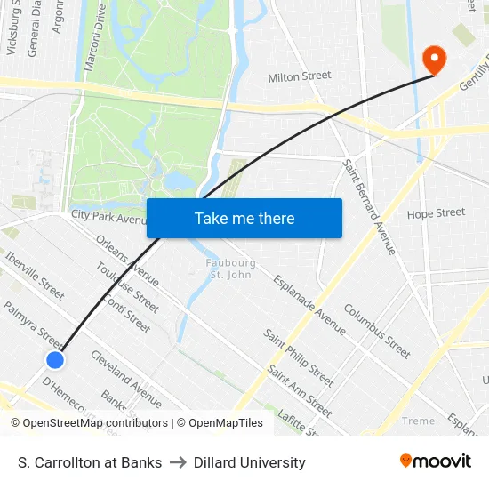 S. Carrollton at Banks to Dillard University map