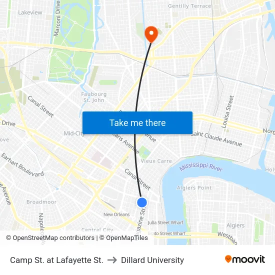 Camp St. at Lafayette St. to Dillard University map