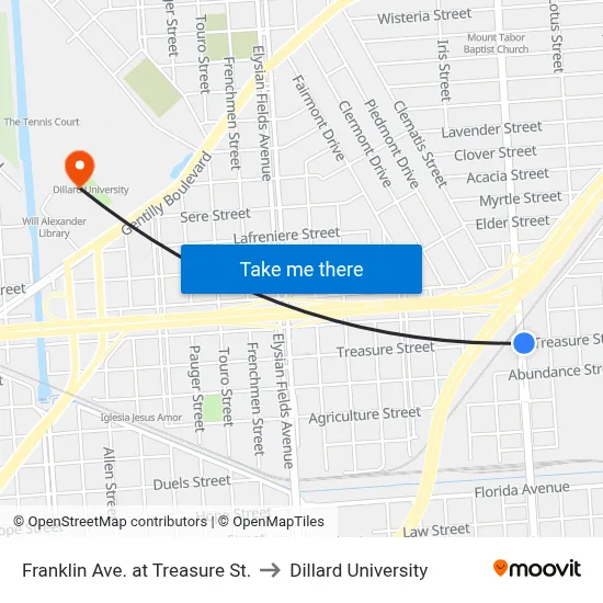 Franklin Ave. at Treasure St. to Dillard University map