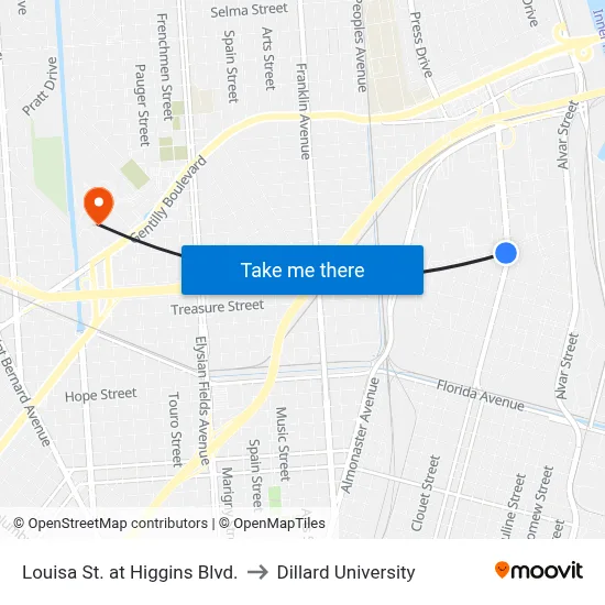 Louisa St. at Higgins Blvd. to Dillard University map
