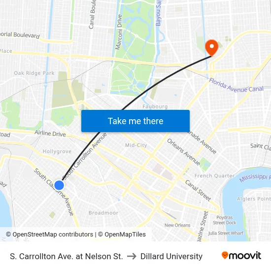 S. Carrollton Ave. at Nelson St. to Dillard University map