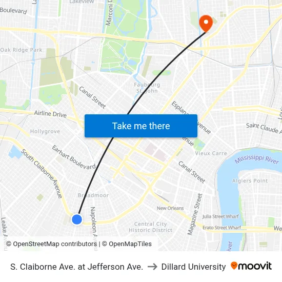 S. Claiborne Ave. at Jefferson Ave. to Dillard University map