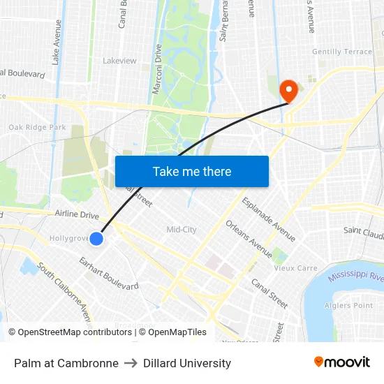Palm at Cambronne to Dillard University map
