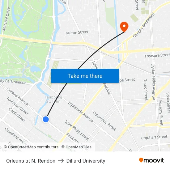Orleans at N. Rendon to Dillard University map