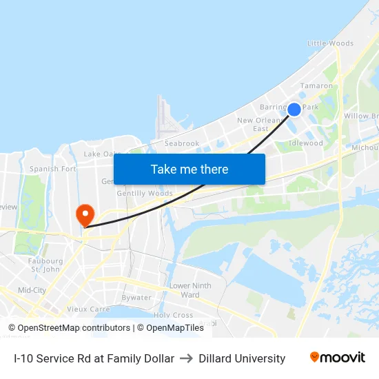 I-10 Service Rd at Family Dollar to Dillard University map