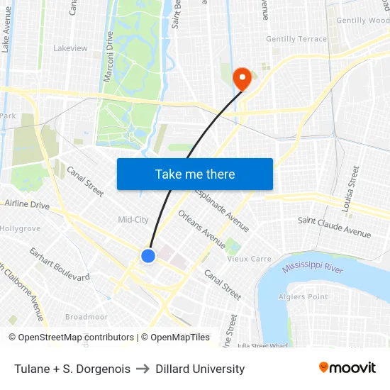 Tulane + S. Dorgenois to Dillard University map