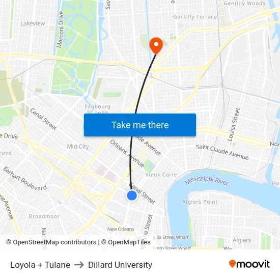 Loyola + Tulane to Dillard University map