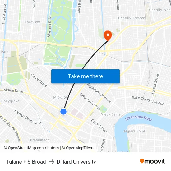 Tulane + S Broad to Dillard University map