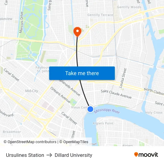 Ursulines Station to Dillard University map